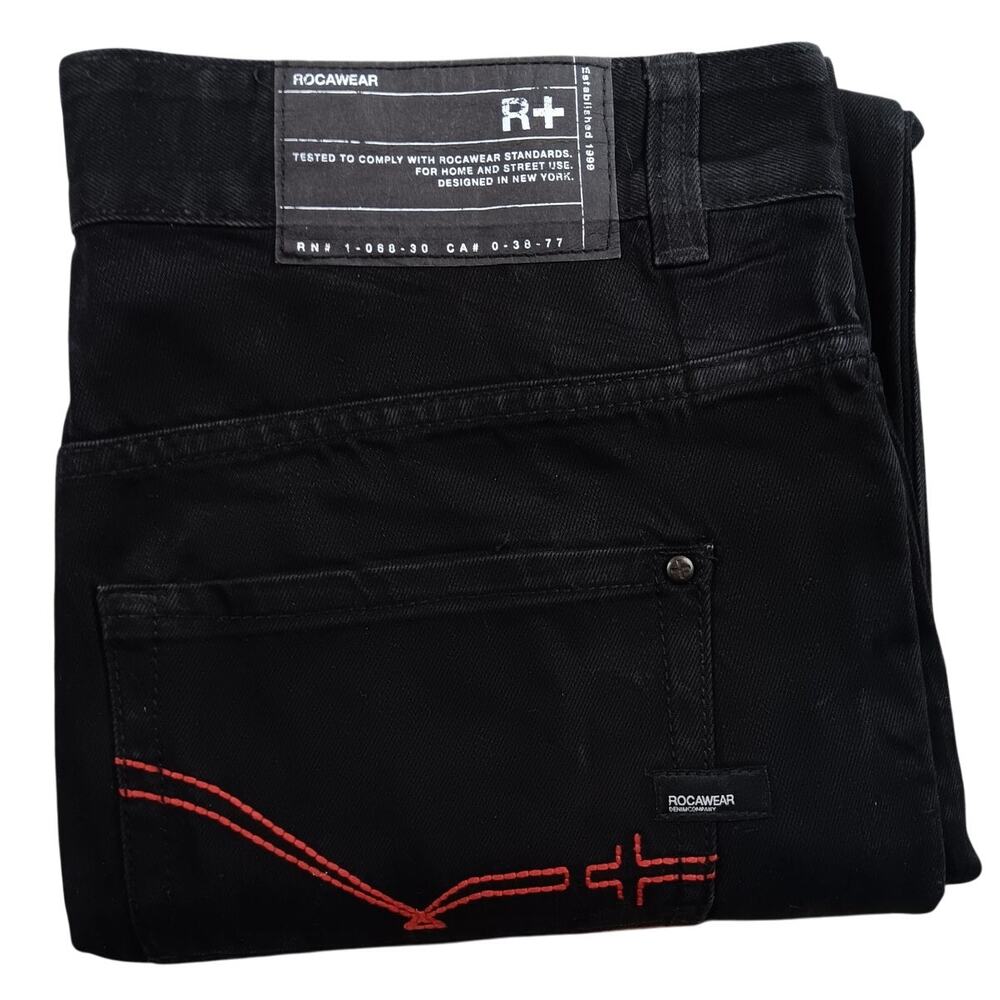 Rocawear R+ Original Jeans Mens 38X31 Black‎ Out Baggy Wide Skate Street Y2K